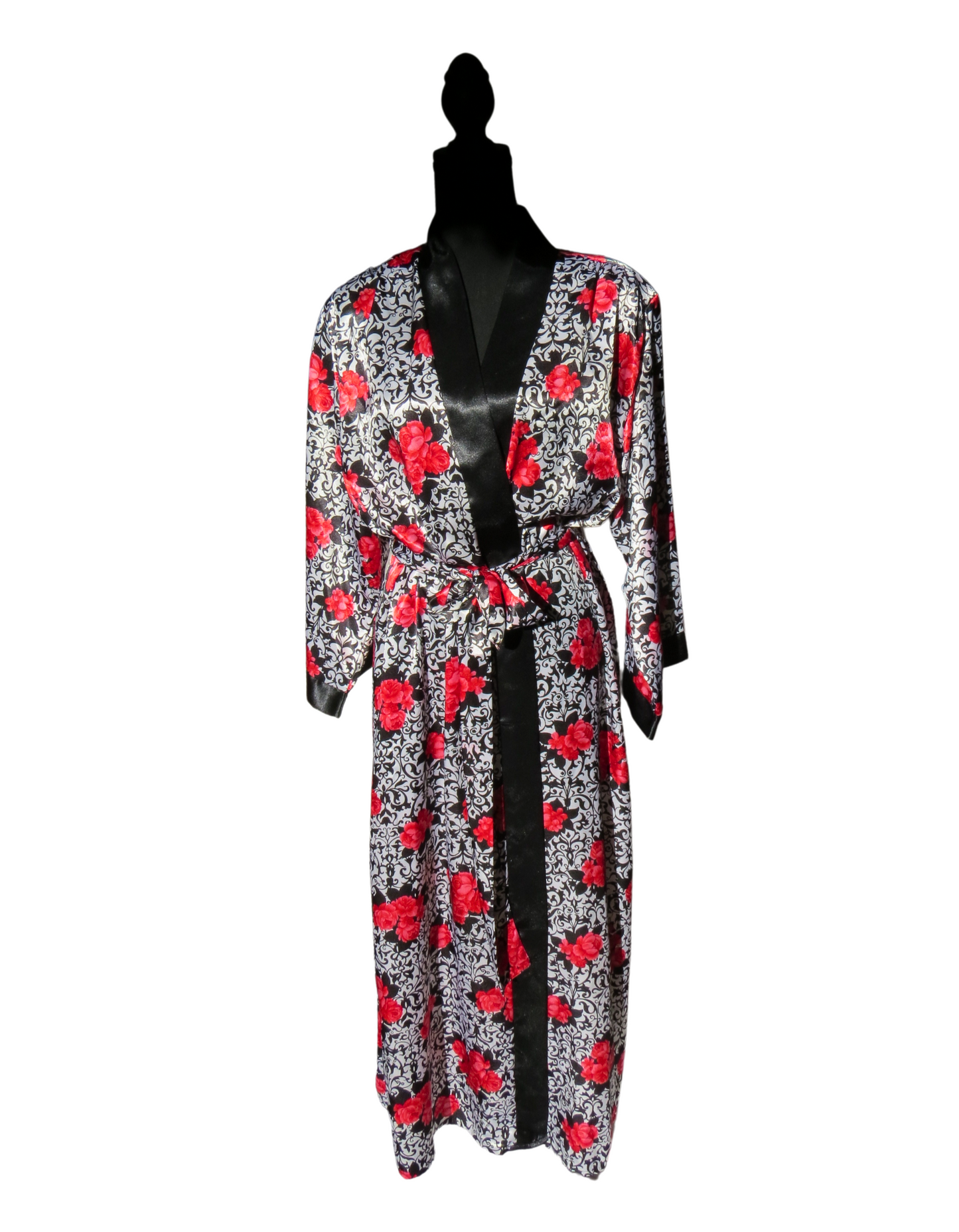 Vintage Black Satin Floral Robe with Red Rose Print - Size Large