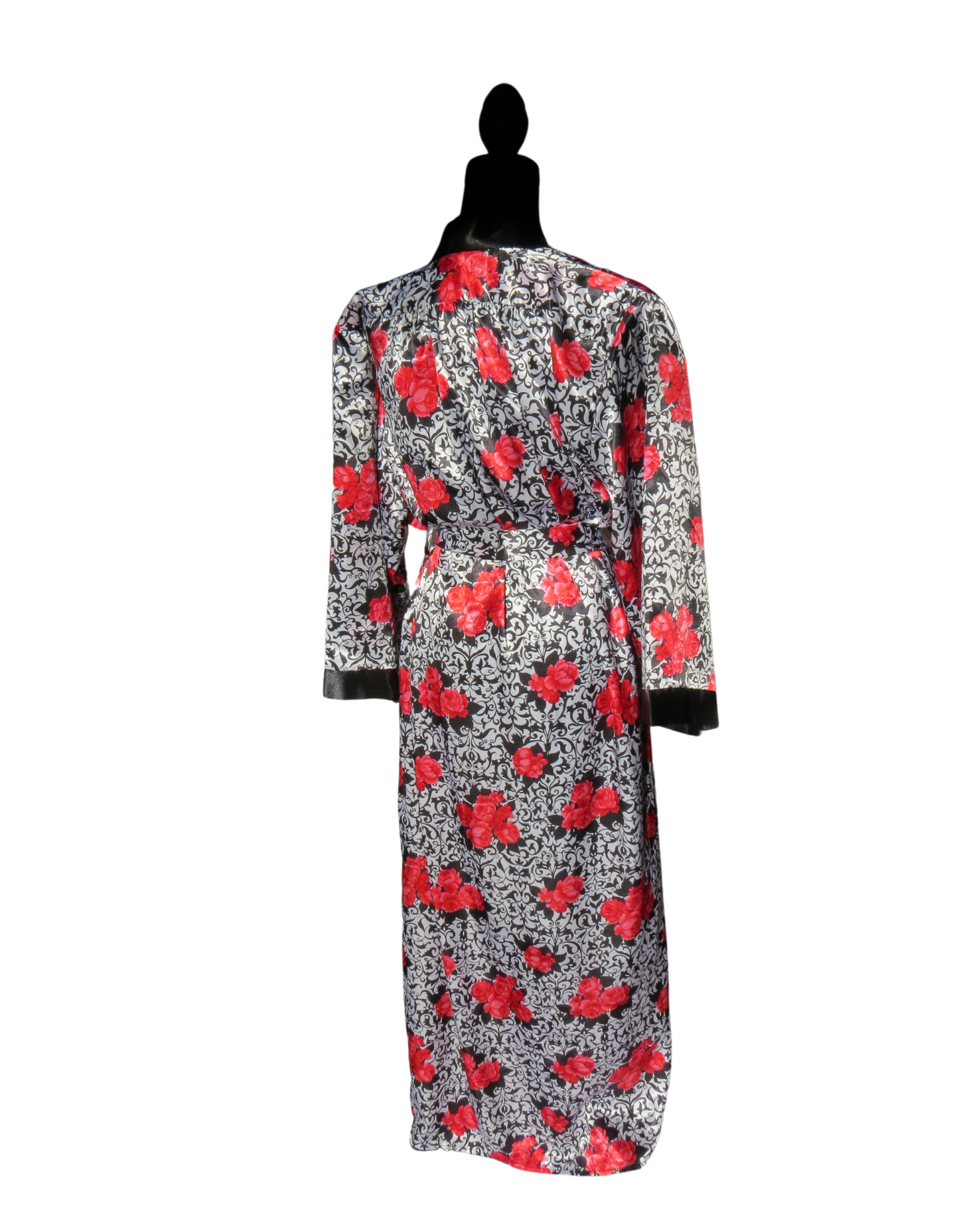 Vintage Black Satin Floral Robe with Red Rose Print - Size Large